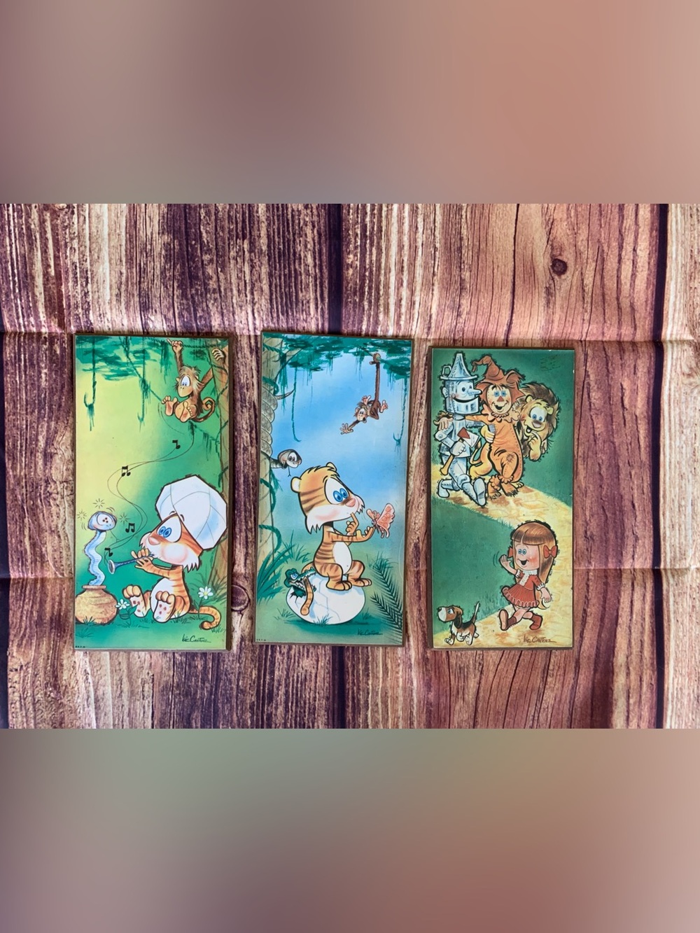 Vic Cantone Vintage Set of 3 Illustrated Wooden Colorful Wall Art 12" L x 6" W